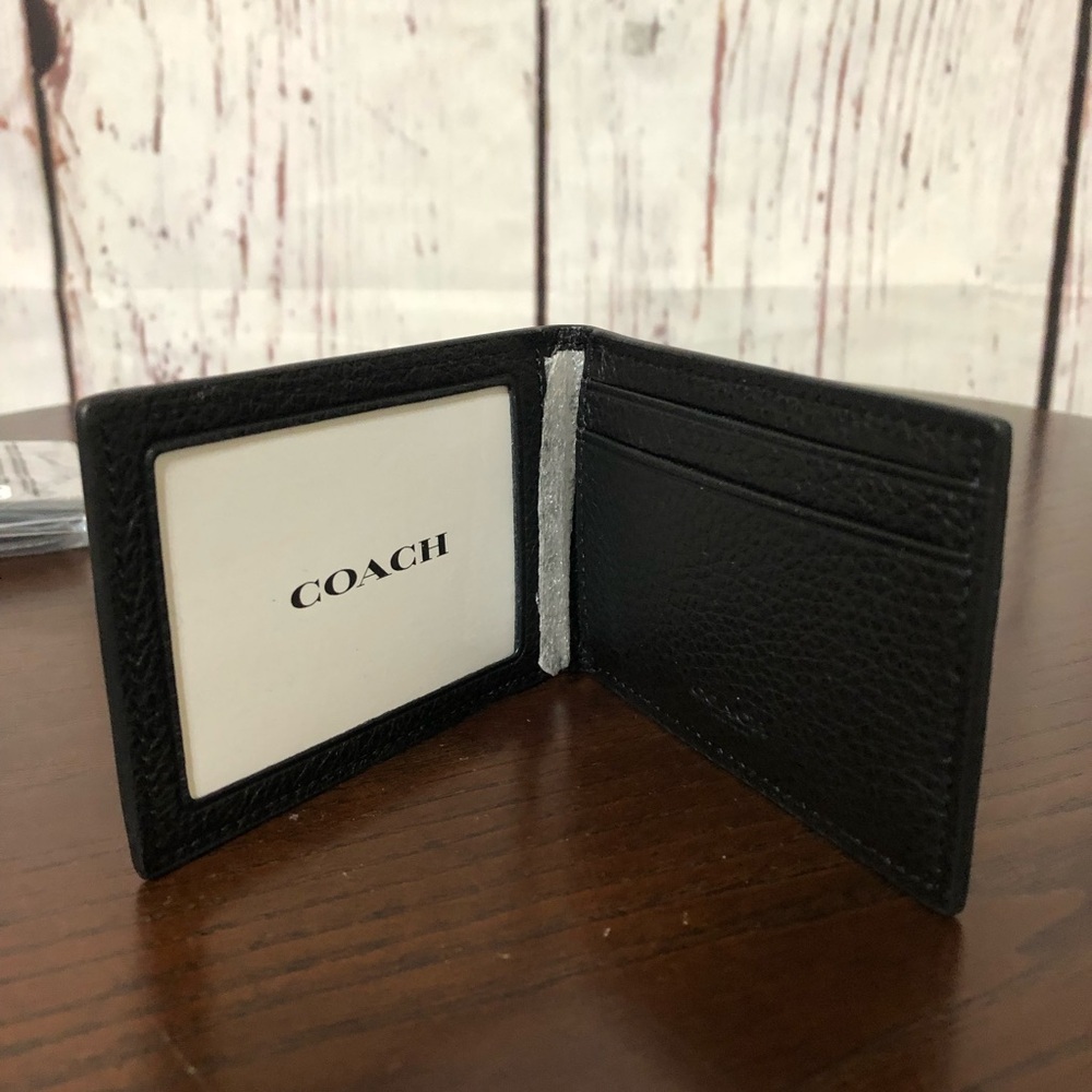 Coach Black Pebbled Leather Men's Compact Bi Fold Wallet - Picture 3 of 7